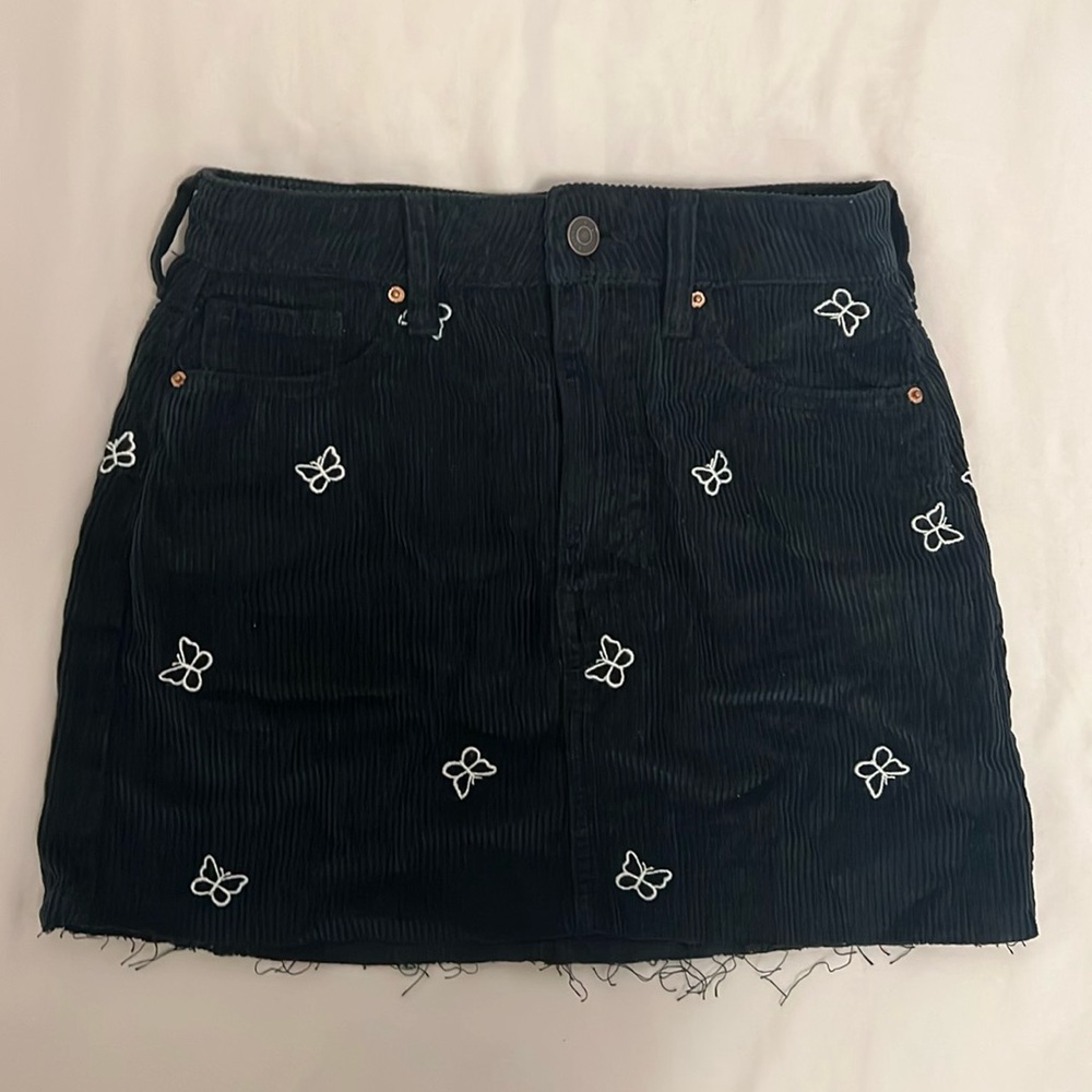 PacSun Black Corduroy High-Waisted Mini Skirt with Embroidered Butterflies